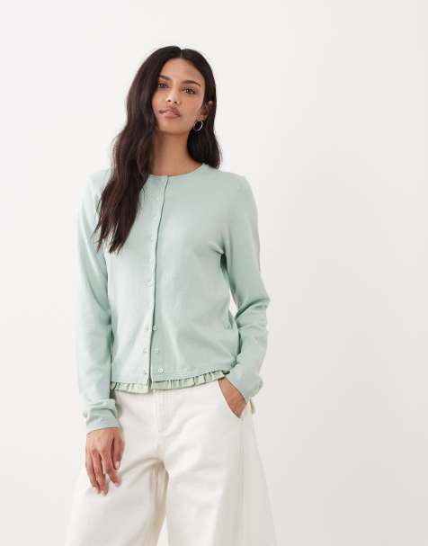 ASOS DESIGN satin ruffle hem cardigan in sage - view 1