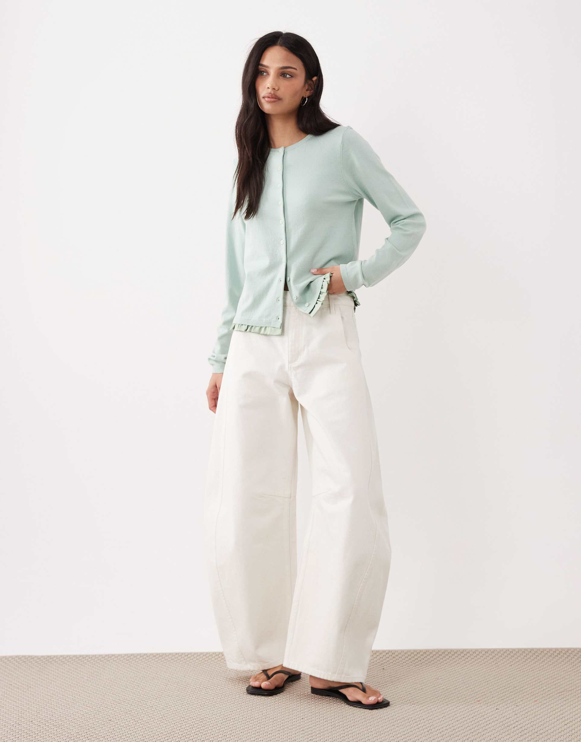 asos design satin ruffle hem cardigan in sage