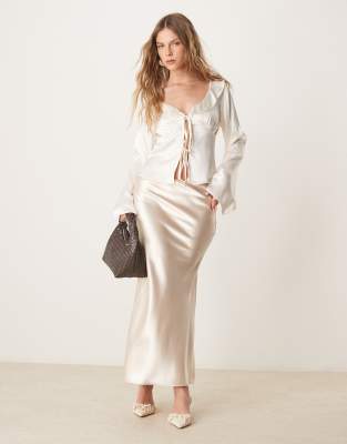 Asos Design Satin Ruffle Tie Front Blouse In White