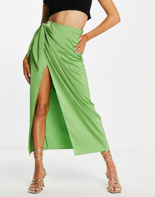 ASOS DESIGN satin sarong wrap maxi skirt in green