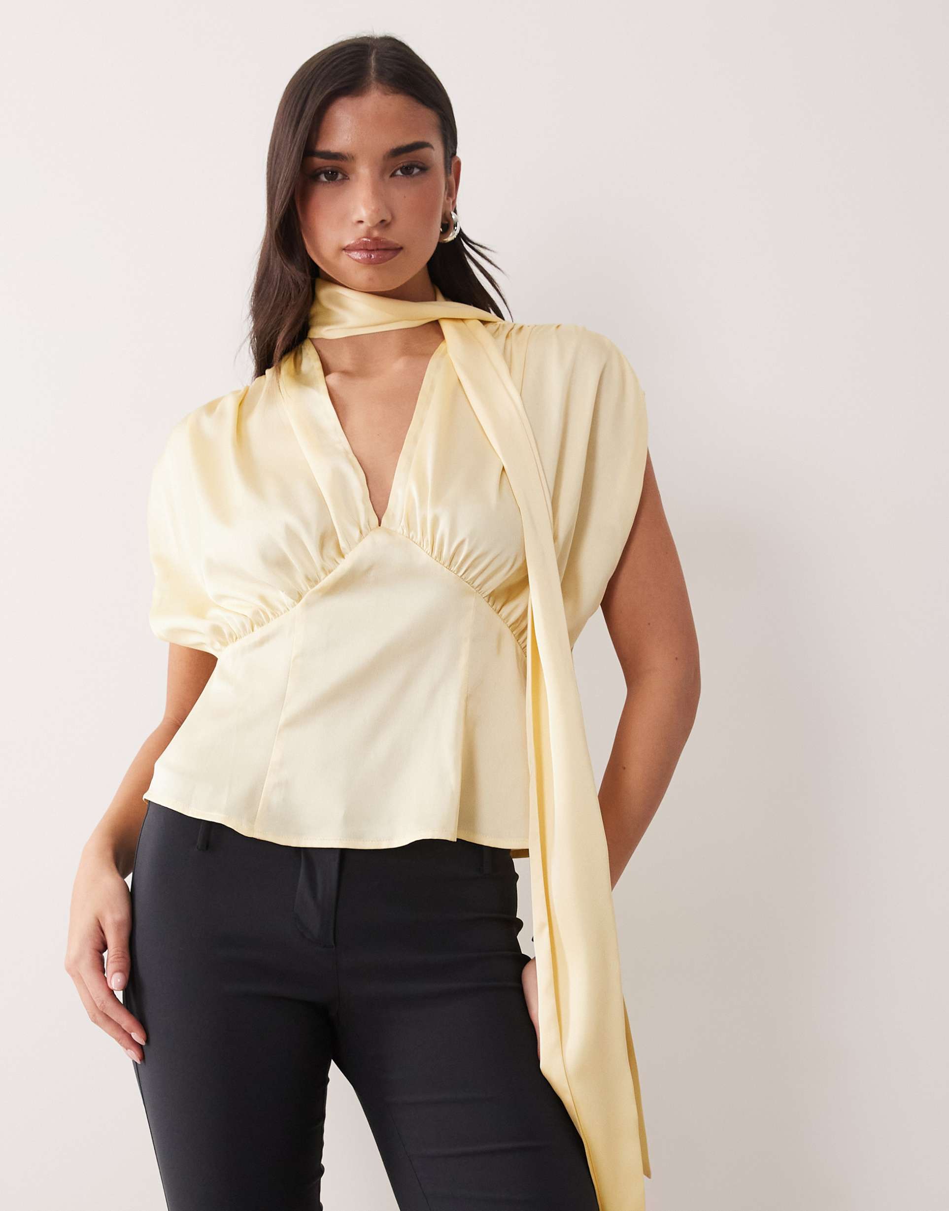 asos design satin scarf and volume detail blouse in buttermilk
