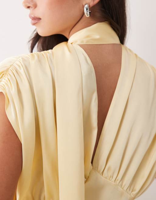 ASOS DESIGN satin scarf and volume detail blouse in buttermilk, 3 of 4