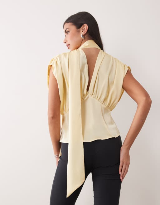 ASOS DESIGN satin scarf and volume detail blouse in buttermilk, 4 of 4