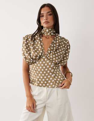 Asos Design Satin Scarf And Volume Detail Blouse In Animal Print