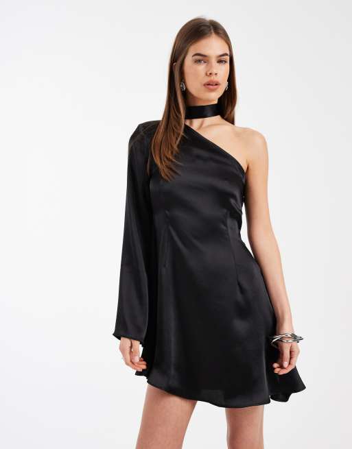 ASOS DESIGN satin scarf angel sleeve mini dress in black, 2 of 4