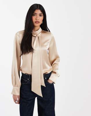 Asos Design Satin Scarf Balloon Sleeve Blouse In Neutral