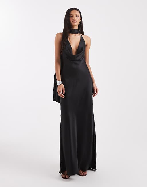 satin dress with scarf After Six Women's Anais Neck Charmeuse Gown - Blue Channel an effortless drama with thoughtful design Blue Satin Dress With Neck