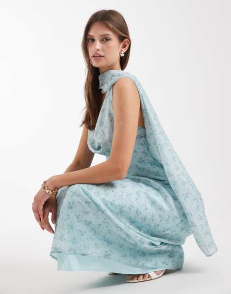 ASOS DESIGN satin scarf cowl neck maxi dress in blue floral - view 1