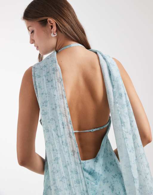 ASOS DESIGN satin scarf cowl neck maxi dress in blue floral, 3 of 4