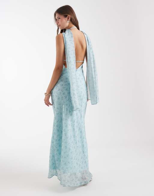 ASOS DESIGN satin scarf cowl neck maxi dress in blue floral, 4 of 4