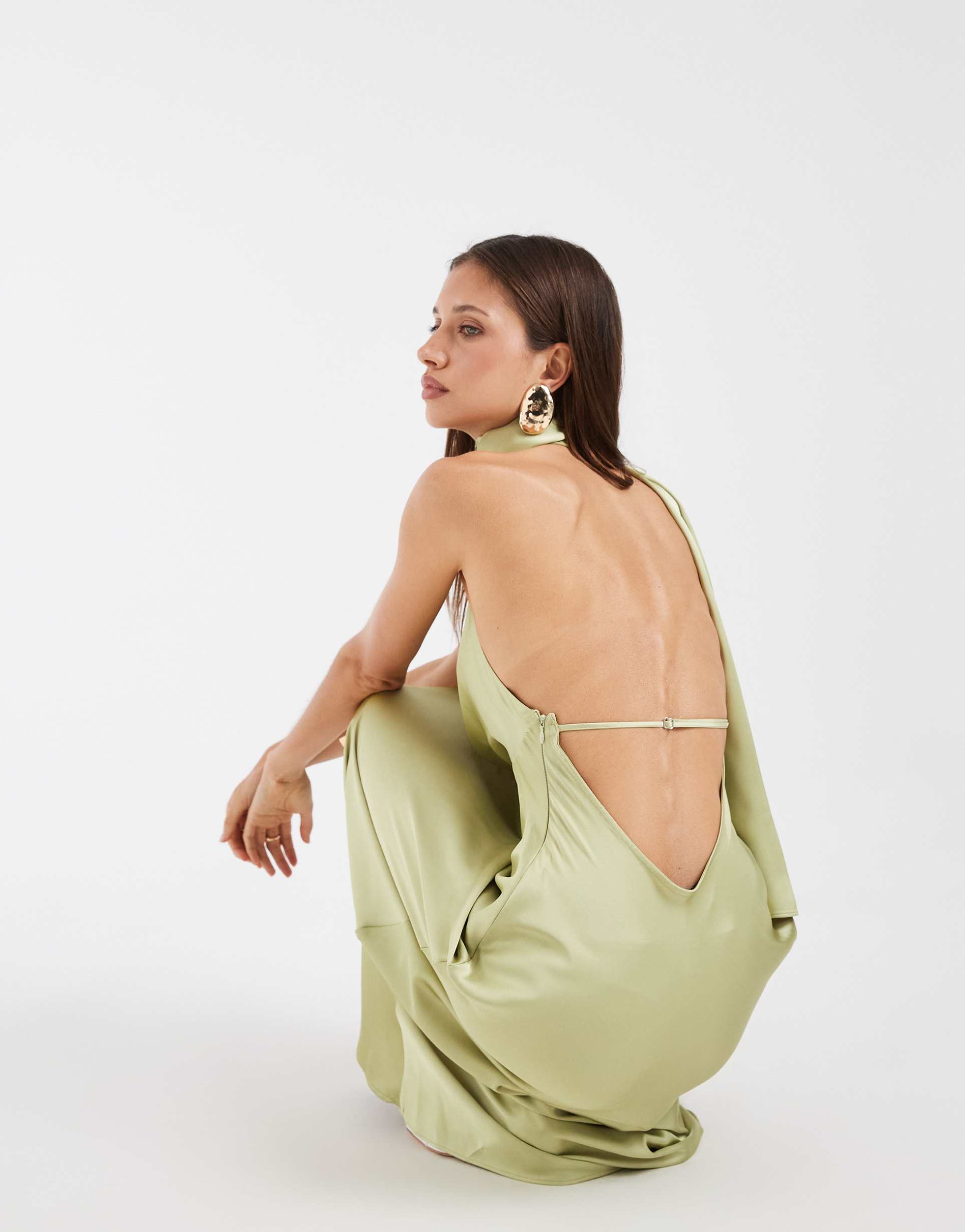 asos design satin scarf cowl neck maxi dress in olive green