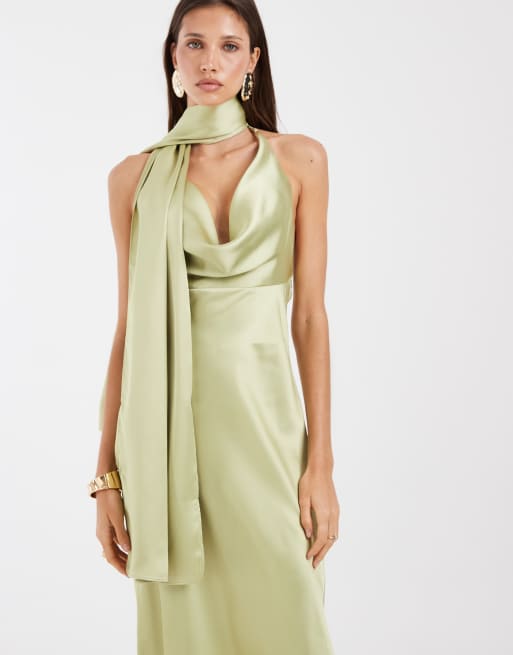 ASOS DESIGN satin scarf cowl neck maxi dress in olive green, 4 of 4