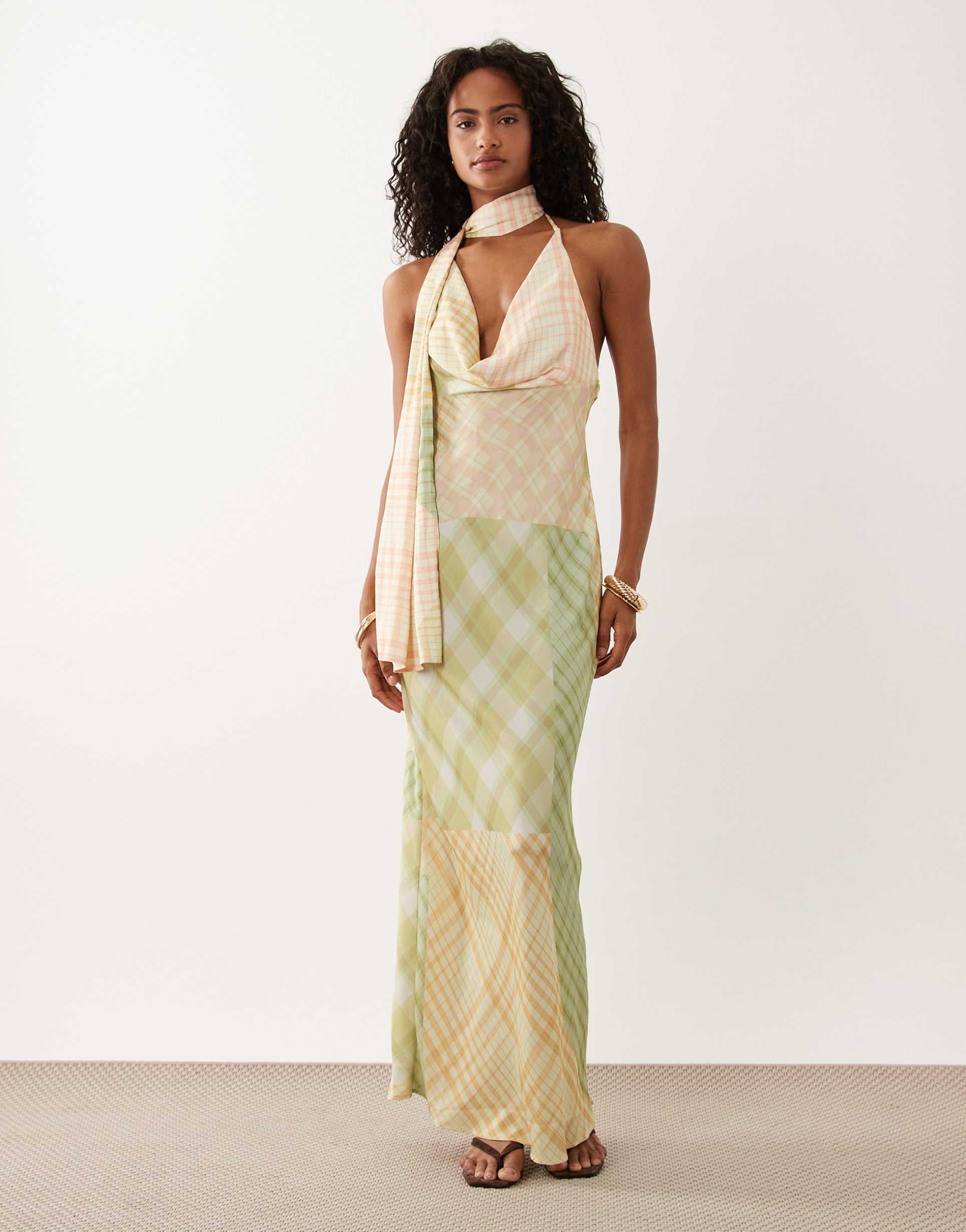 asos design satin scarf cowl neck maxi dress in plaid