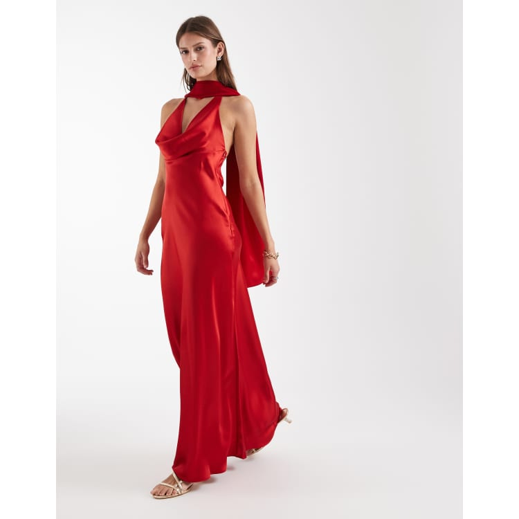 ASOS DESIGN satin scarf cowl neck maxi dress in red | ASOS