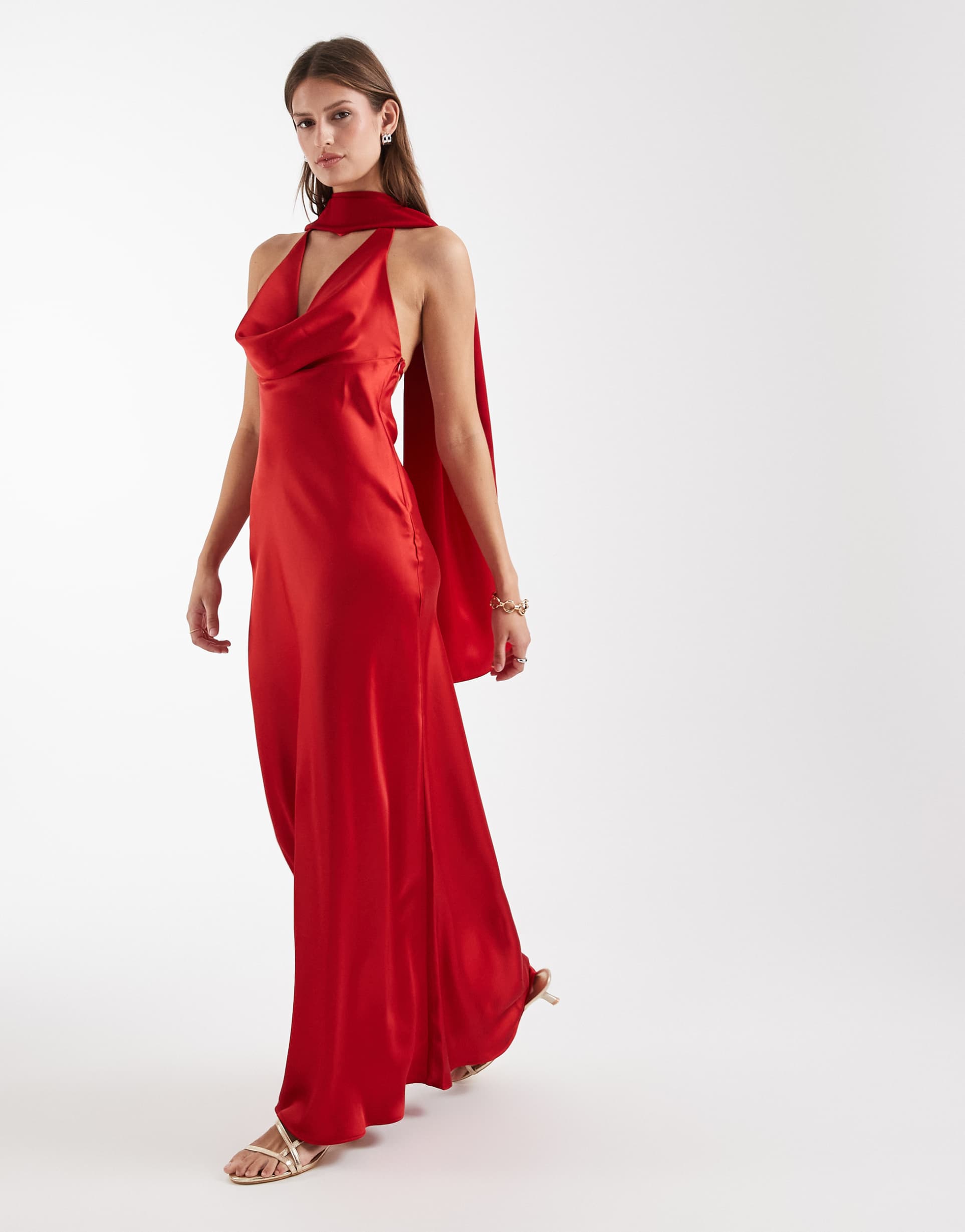 asos design satin scarf cowl neck maxi dress in red