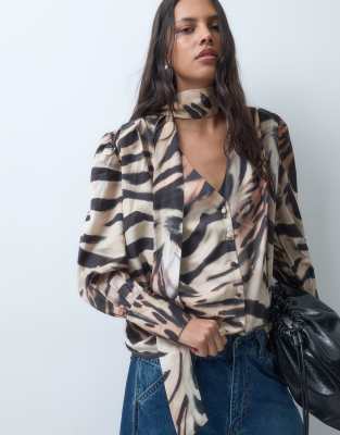 ASOS DESIGN satin scarf detail blouse in animal print | ASOS