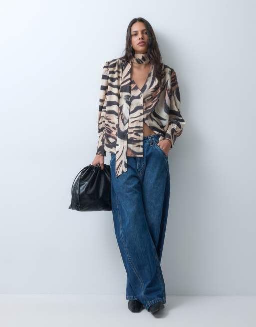 ASOS DESIGN satin scarf detail blouse in animal print, 2 of 4