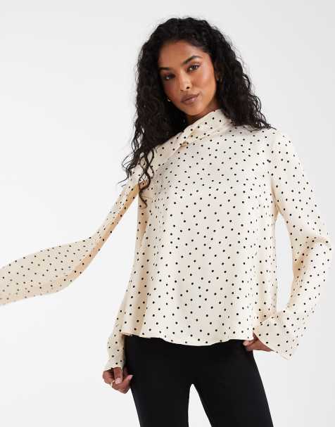 ASOS DESIGN satin scarf detail blouse in buttermilk spot - view 1