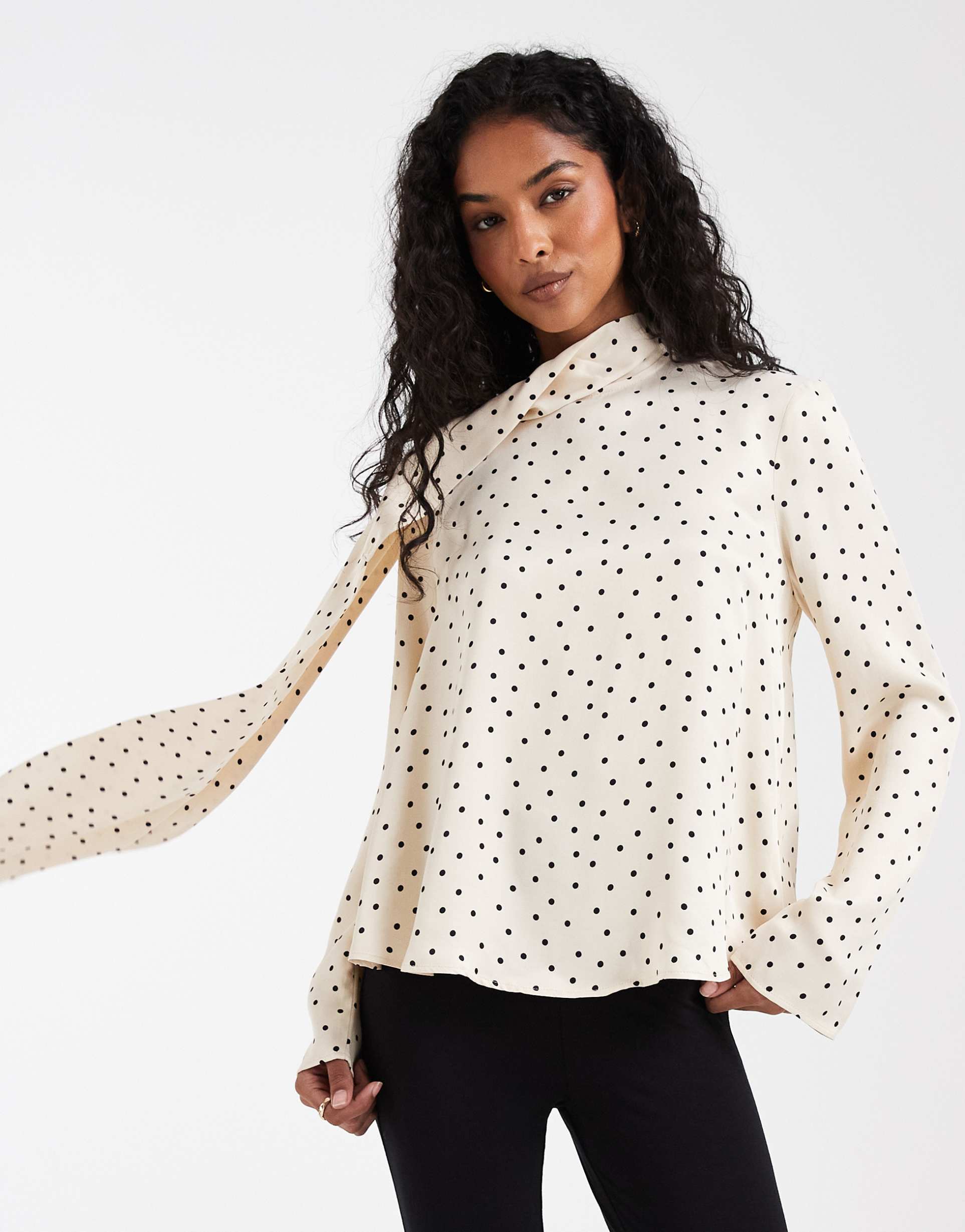asos design satin scarf detail blouse in buttermilk spot