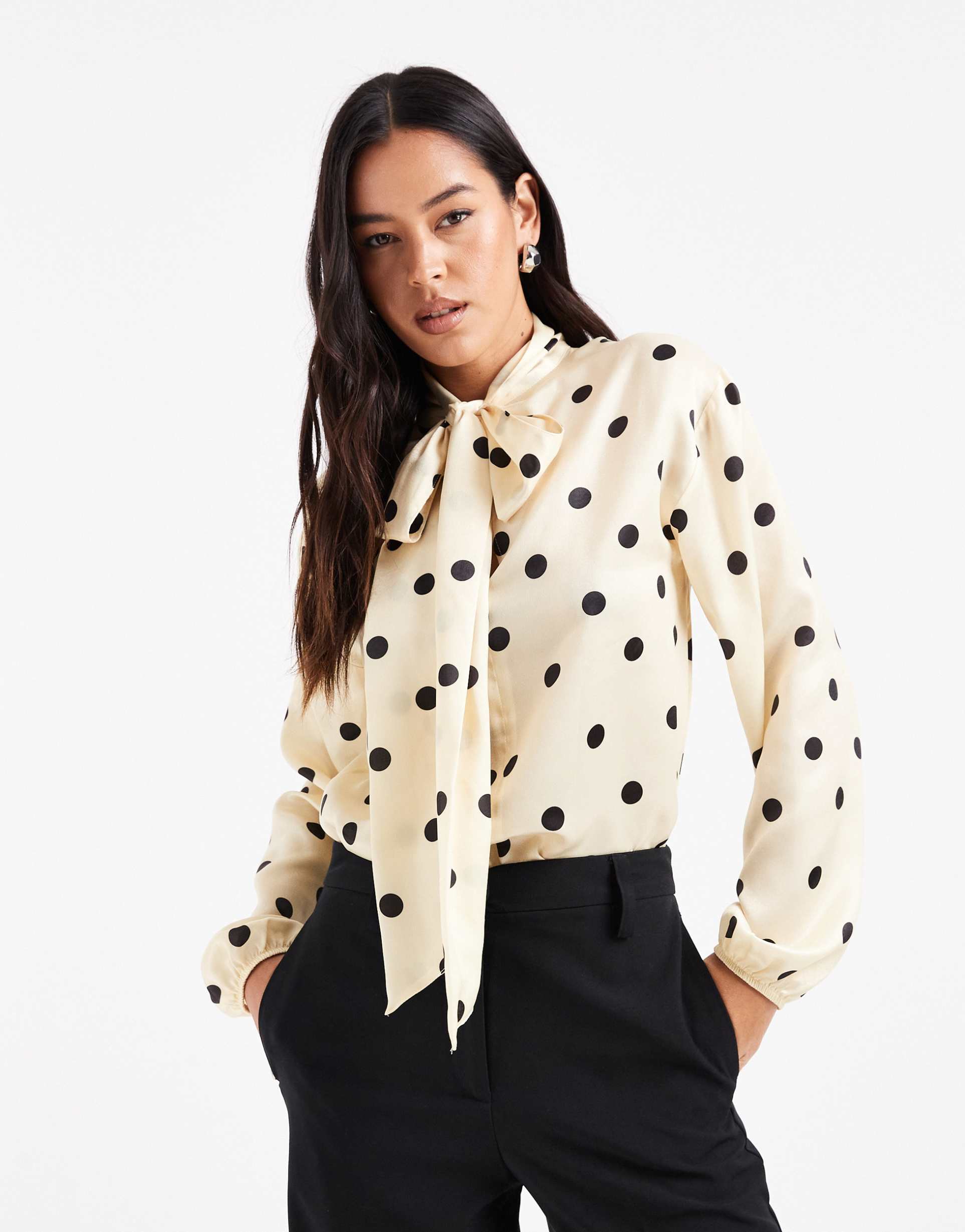 asos design satin scarf detail blouse in polka dot