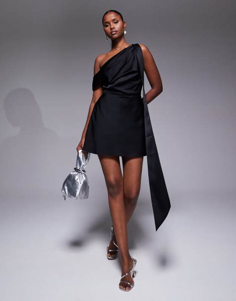ASOS DESIGN satin scarf detail fallen shoulder playsuit in black - view 1
