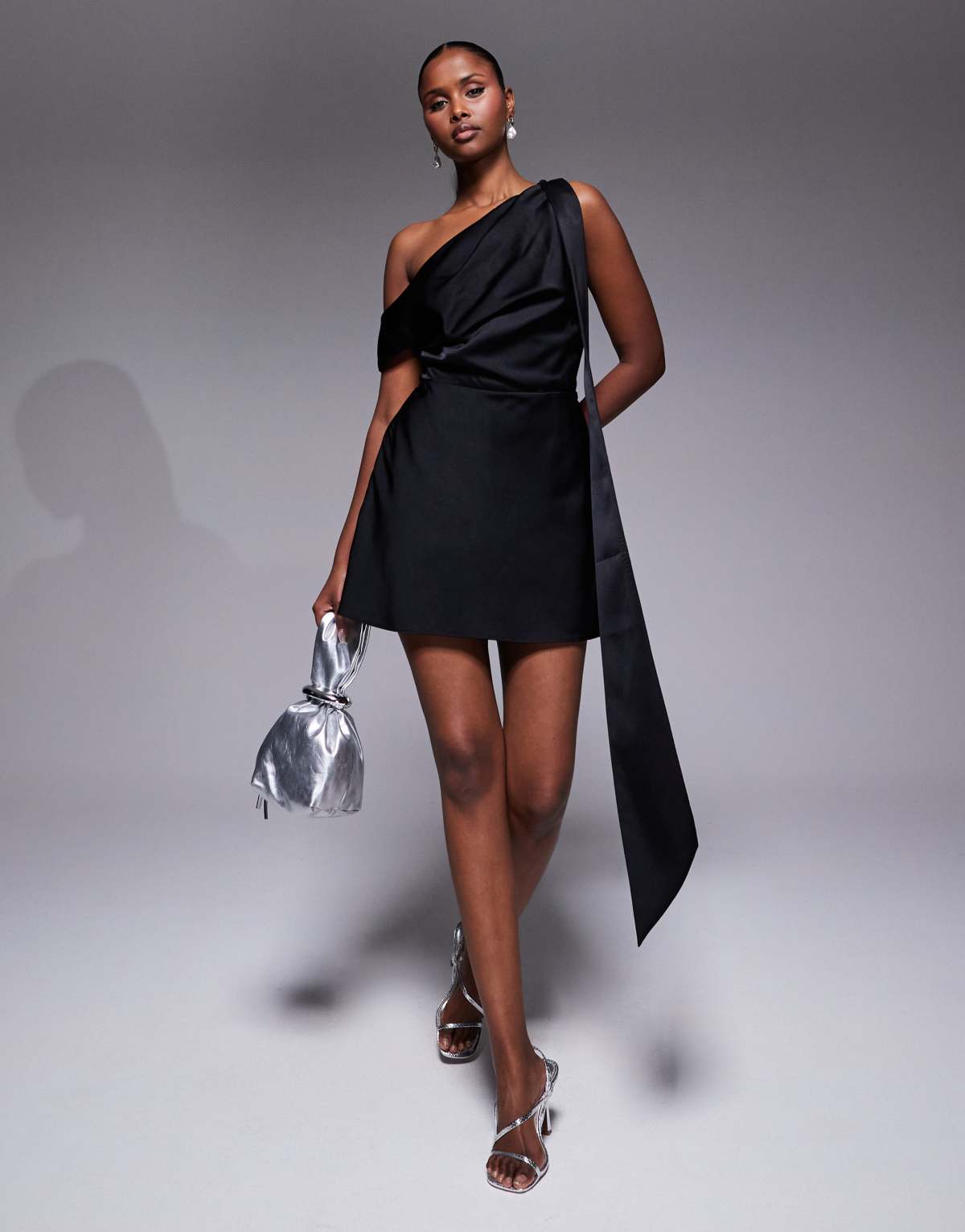 ASOS DESIGN satin scarf detail fallen shoulder playsuit in black