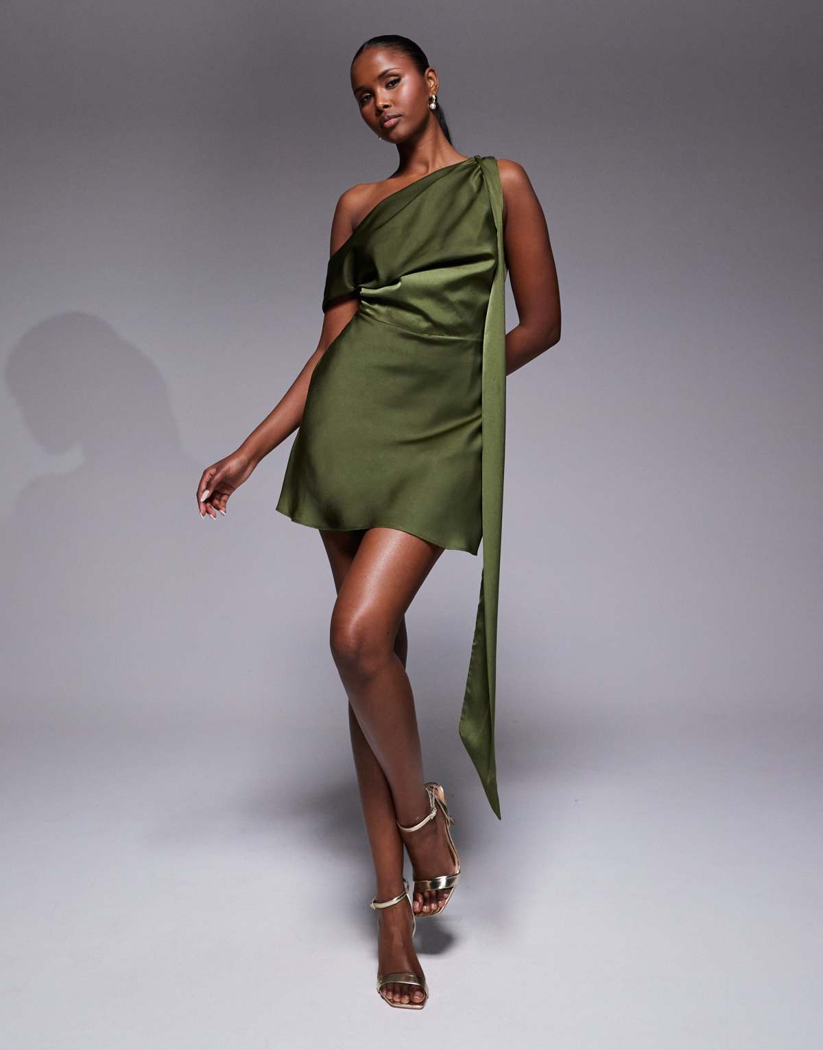 ASOS DESIGN satin scarf detail fallen shoulder playsuit in khaki