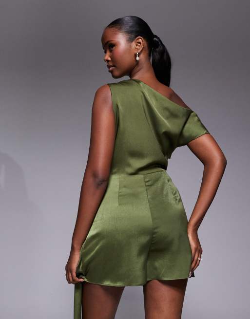 ASOS DESIGN satin scarf detail fallen shoulder playsuit in khaki, 4 of 4