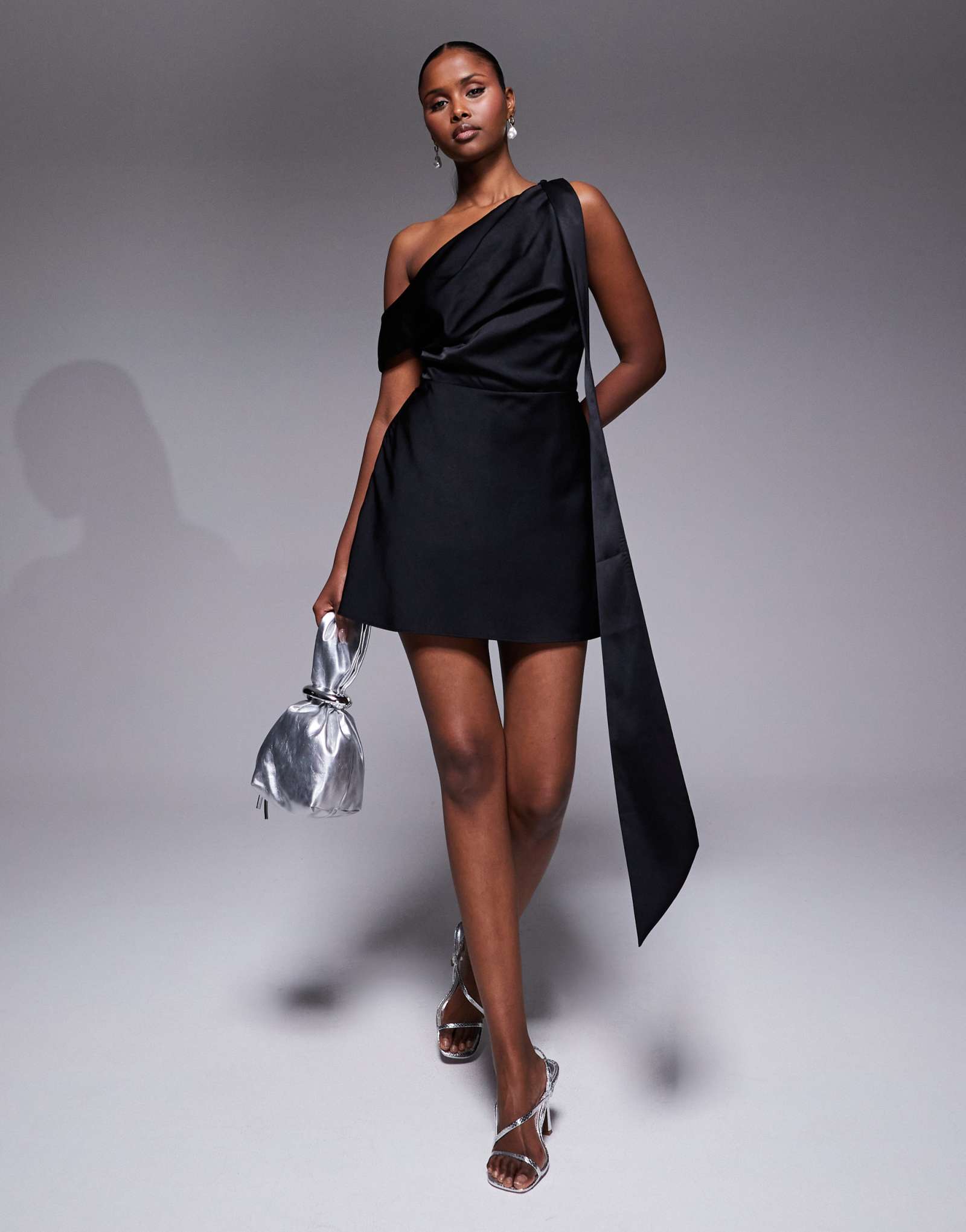 Черный комбинезон со спадающими плечами и атласным шарфом ASOS DESIGN