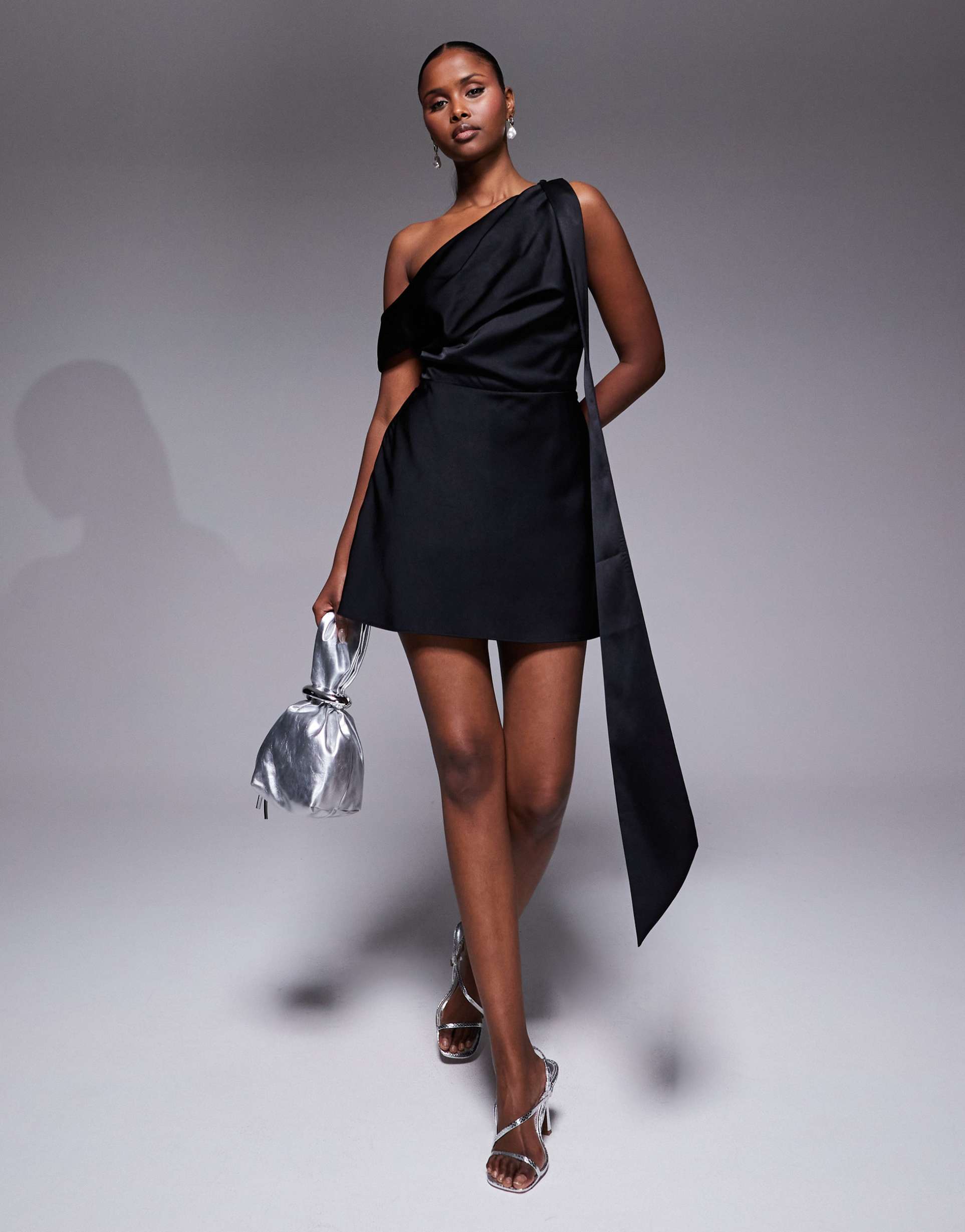 asos design satin scarf detail fallen shoulder romper in black