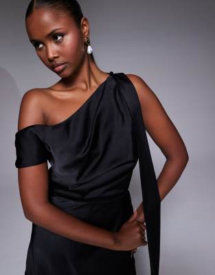 Asos Design Satin Scarf Detail Fallen Shoulder Romper In Black