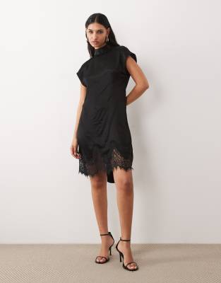 Asos Design Satin Scarf Detail Lace Hem Mini Dress In Black