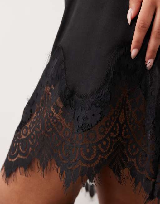 ASOS DESIGN satin scarf detail lace hem mini dress in black, 2 of 4