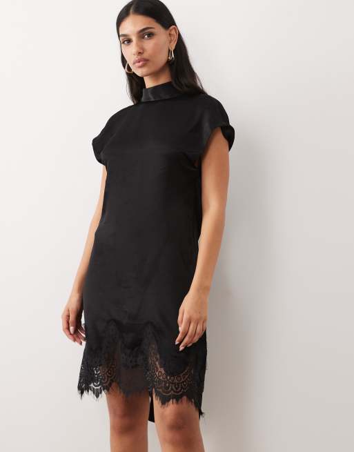 ASOS DESIGN satin scarf detail lace hem mini dress in black, 4 of 4