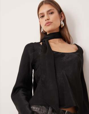 Asos Design Satin Scarf Detail Long Sleeve Top In Black