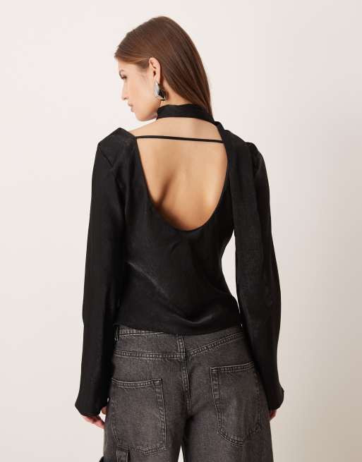 ASOS DESIGN satin scarf detail long sleeve top in black, 3 of 4