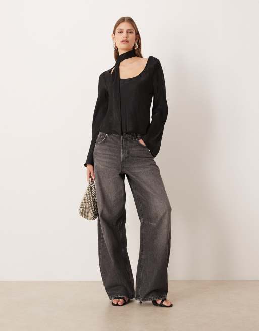 ASOS DESIGN satin scarf detail long sleeve top in black, 4 of 4