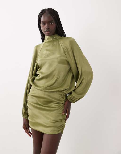 asos olive green dress DESIGN satin scarf detail mini in olive green dress for wedding