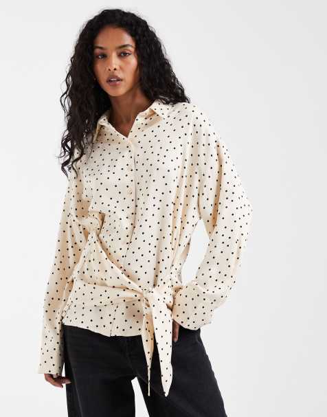 ASOS DESIGN satin scarf detail oversized shirt in buttermilk spot co ord - view 1