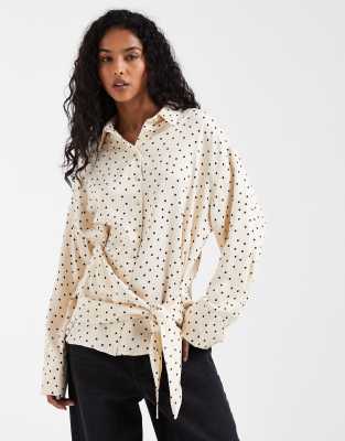 ASOS DESIGN satin scarf detail oversized shirt in buttermilk spot - part of a se