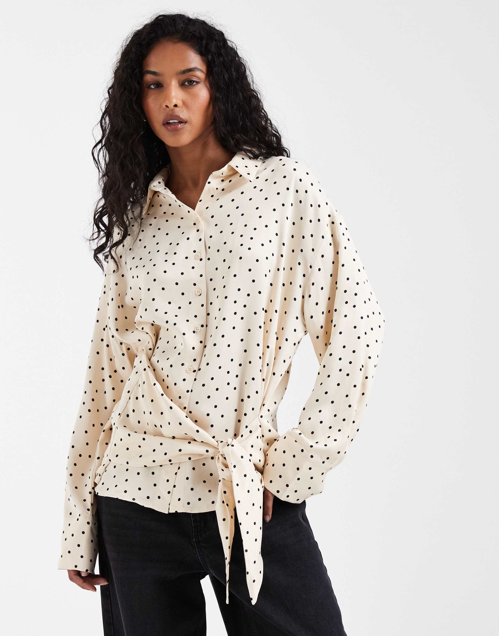 asos design satin scarf detail oversized shirt in buttermilk spot - part of a set