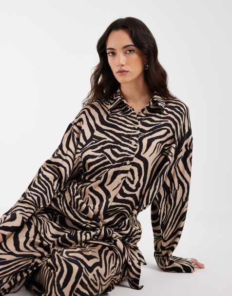 ASOS DESIGN satin scarf detail oversized shirt in zebra print co ord - view 1