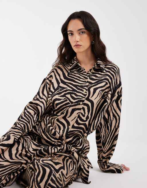 ASOS DESIGN satin scarf detail oversized shirt in zebra print (part of a set), 2 of 3