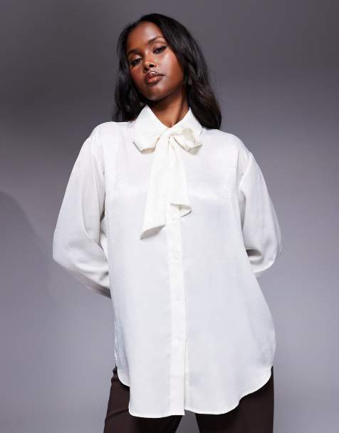 ASOS DESIGN satin scarf detail shirt in cream - view 1