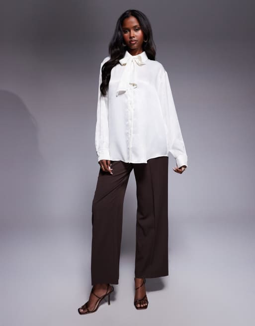ASOS DESIGN satin scarf detail shirt in cream, 3 of 4