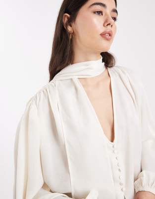 Asos Design Satin Scarf Neck Blouse In White