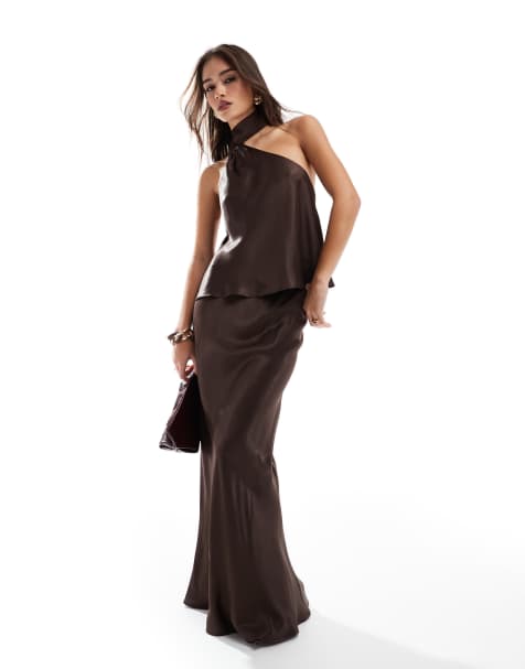 ASOS DESIGN satin scarf neck cami top and bias maxi skirt co ord in chocolate - view 1