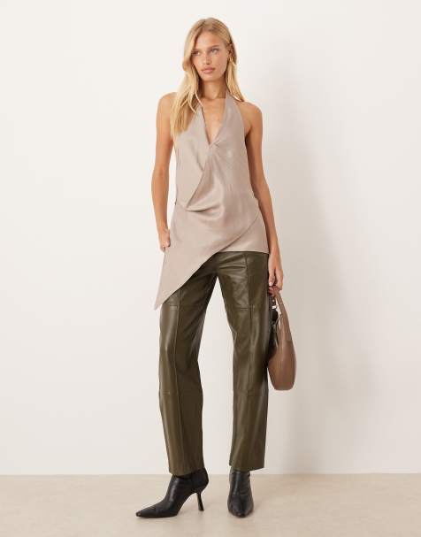 ASOS DESIGN satin scarf neck drape top in mushroom - view 1