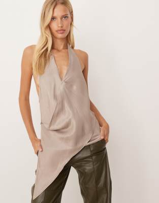 Asos Design Satin Scarf Neck Drape Top In Neutral
