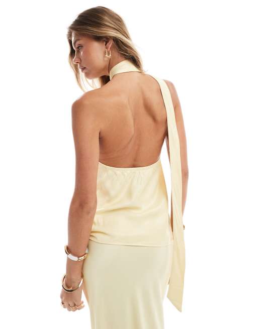 ASOS DESIGN satin scarf neck halter top in buttermilk co ord